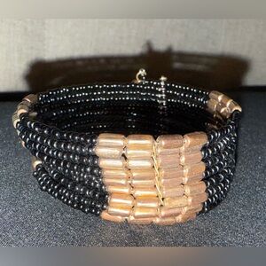 Elegant Black and Gold Beaded Bangle Bracelet